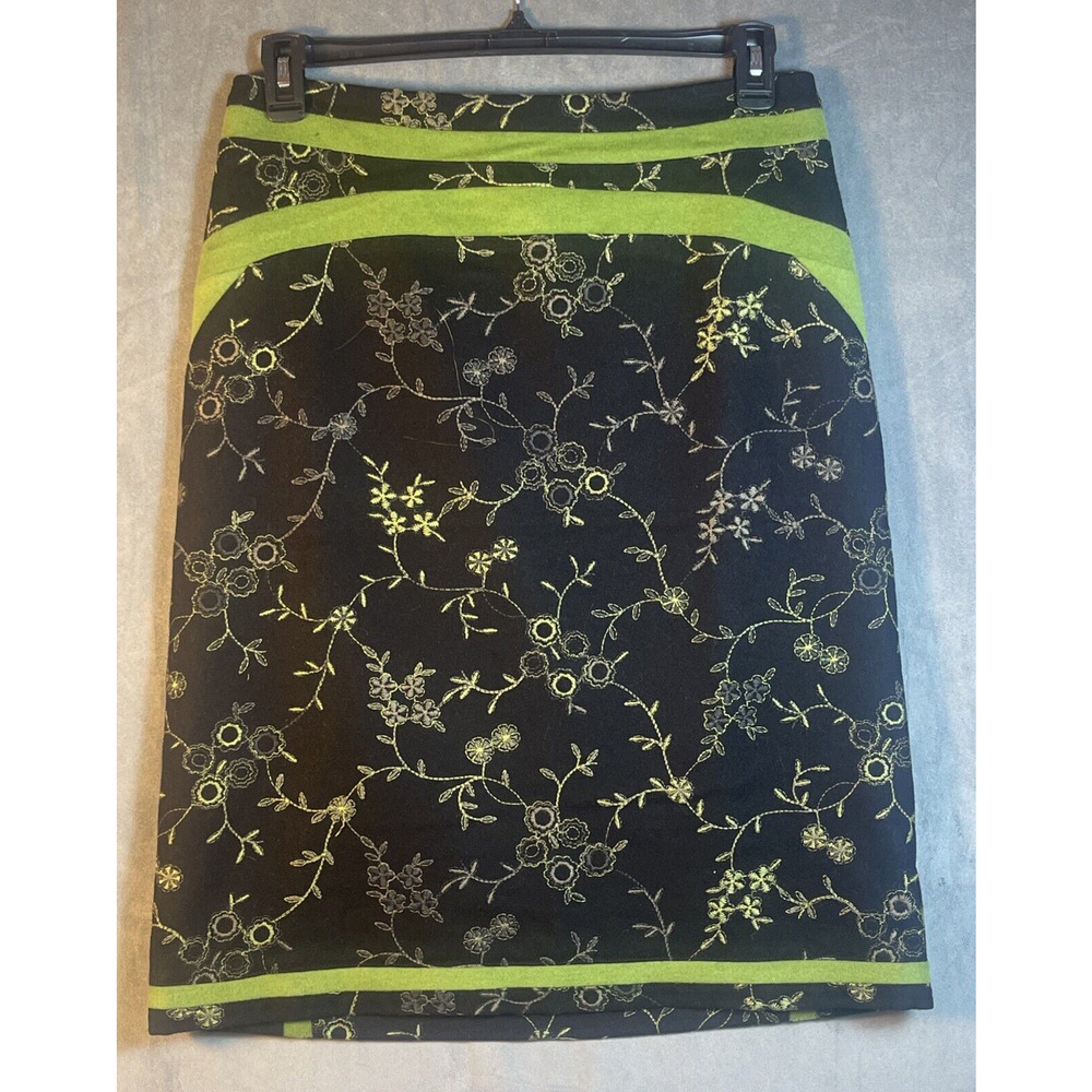 Etcetera A-Line Wool Blend Skirt Womens Sz 10Black/Green Floral Embroidered Felt